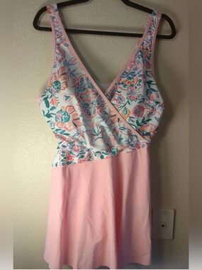 NWOT Rotita Floral Print Pink Swim Dress with skirt xxl curvy girl modest cute